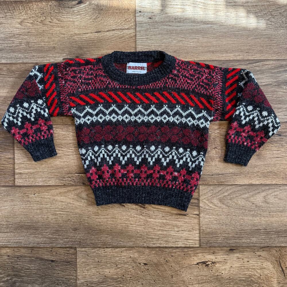 Vintage 80s Kids Red Fair Isle Knit Crewneck Sweater